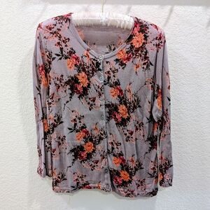 Garnet Hill Merino Wool Floral Cardigan in Gray and Orange